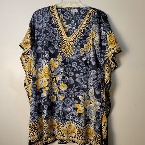 Jovie Women One Size Midi Floral Medallion Caftan Boho V-Neck Kimono Sleeve